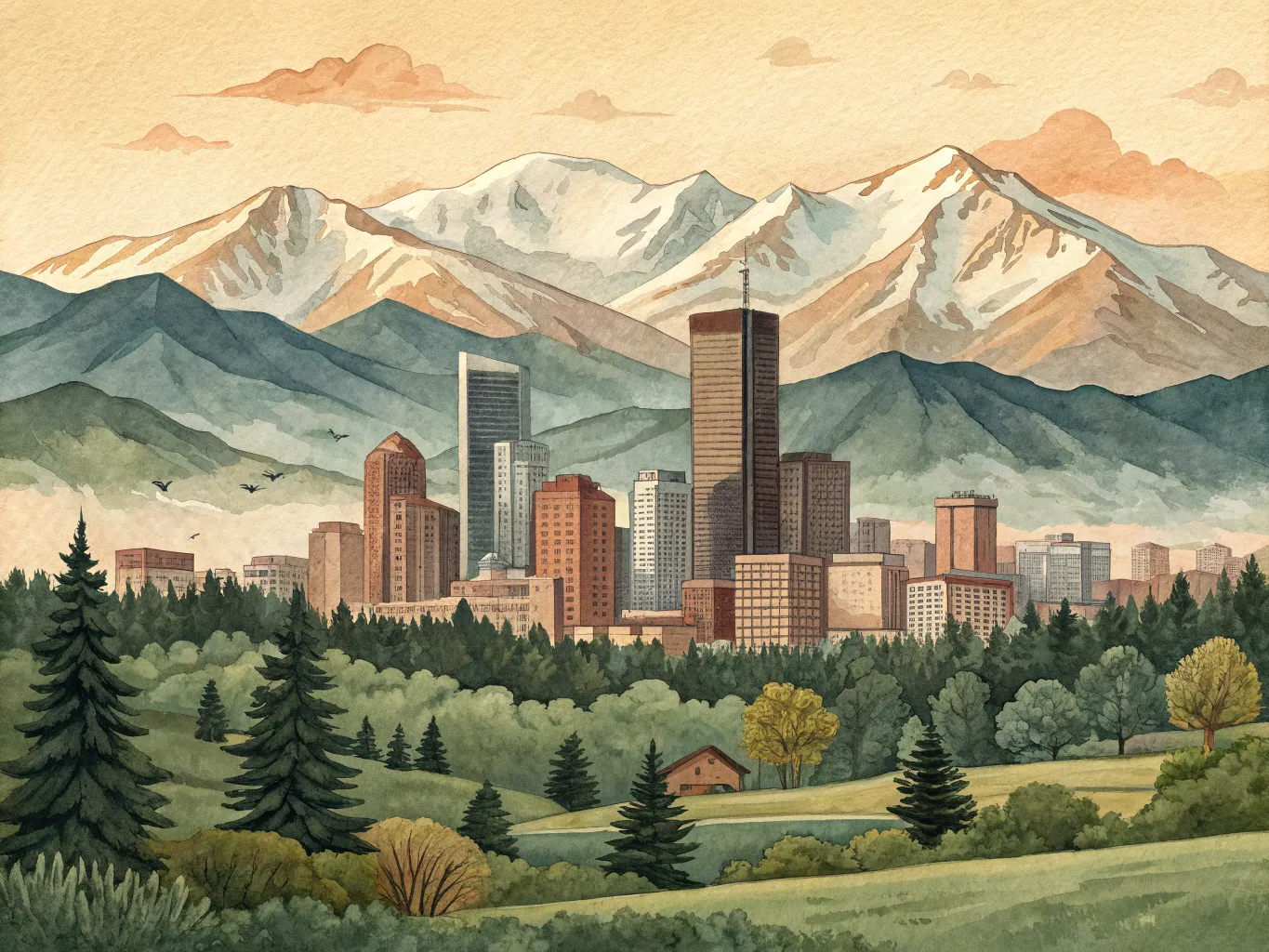 Editorial-poster watercolor of Denver at the foot of the Front Range — city skyline silhouetted against snow-capped Rockies, foreground pine and meadow. Same poster style as illustration-mountain-pass.