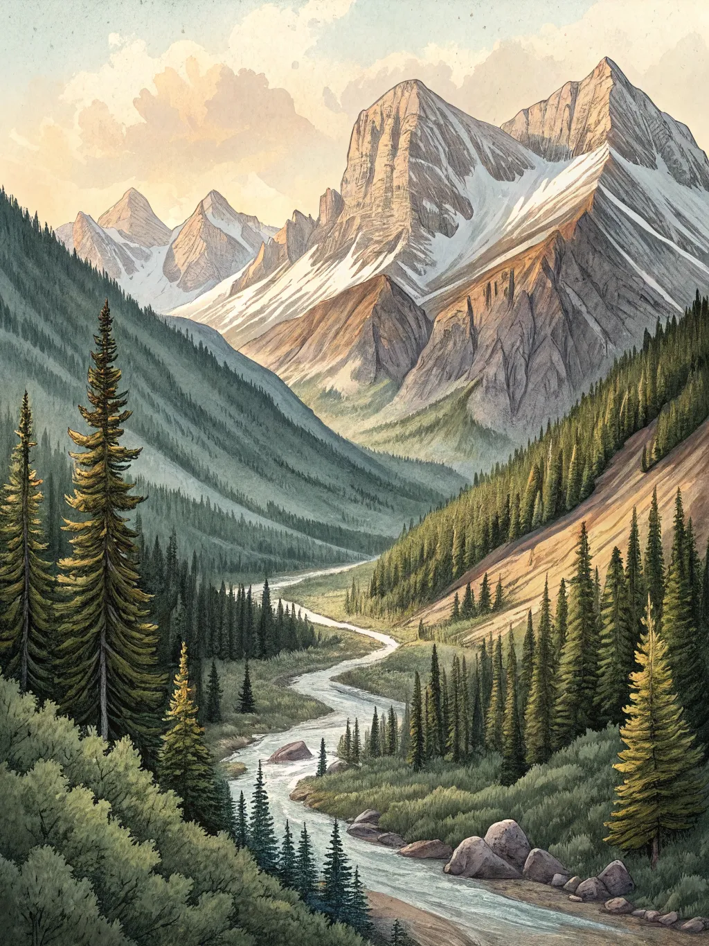 Editorial-poster watercolor of a Colorado high-country mountain range — multiple receding ridge lines, foreground pine forest descending into a valley, slate-grey ridges with hand-drawn ink contour lines, pale Cream sky. Brand palette throughout. Portrait orientation. Standalone scene per kit v2 page 07 illustration treatment.