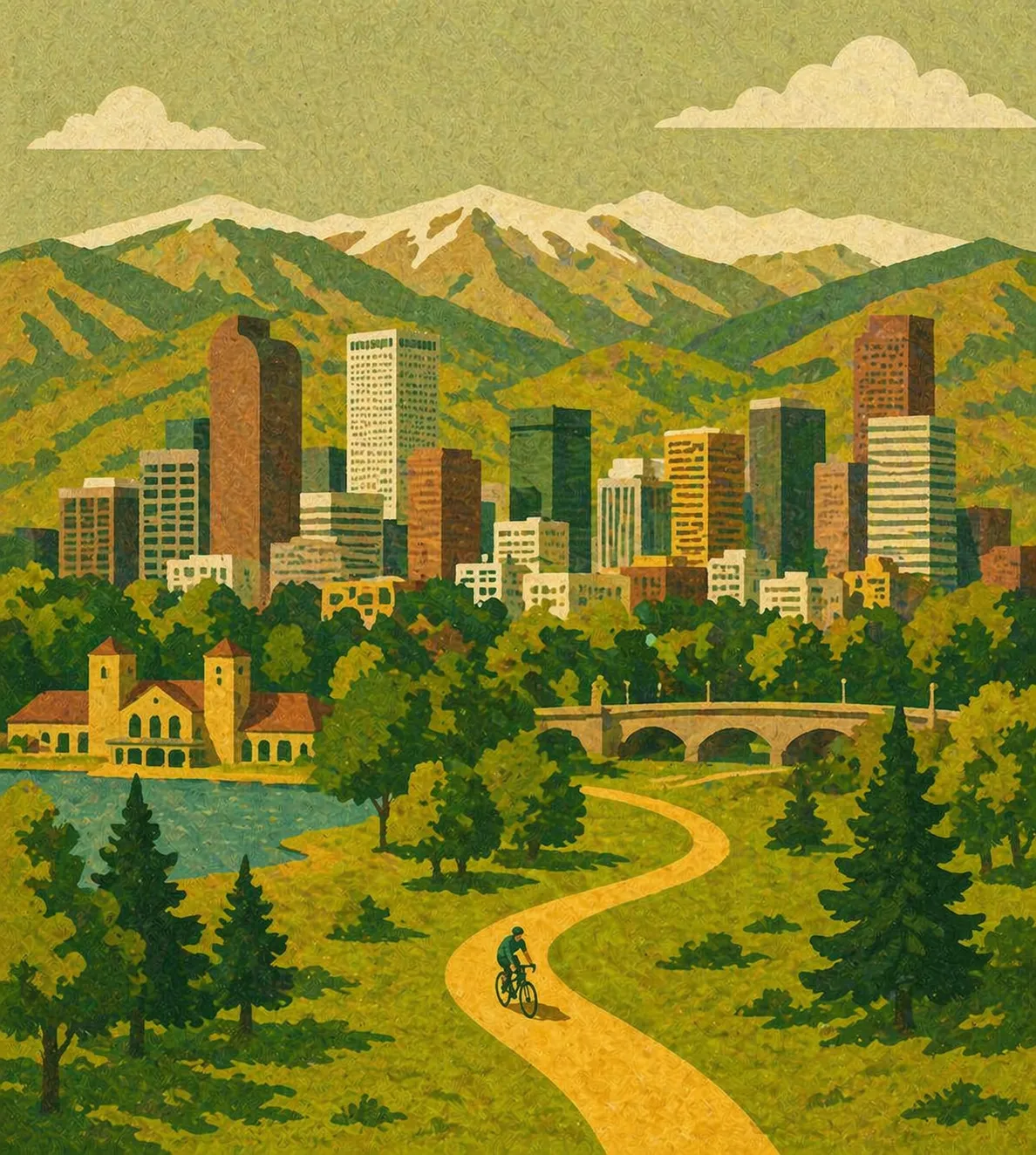 Watercolor illustration of the Denver skyline with the Front Range mountains beyond, foreground rolling hills with a cyclist on a path. Painterly tones — sage greens, ambers, slate blues. Used by Kevin in the full-width-image-banner section as a magazine-cover-scale lead image. (Note: Kevin's Figma layer name is 'Coalition members in collaborative discussion' — that's a layer-name artifact; the actual content is this watercolor landscape.)