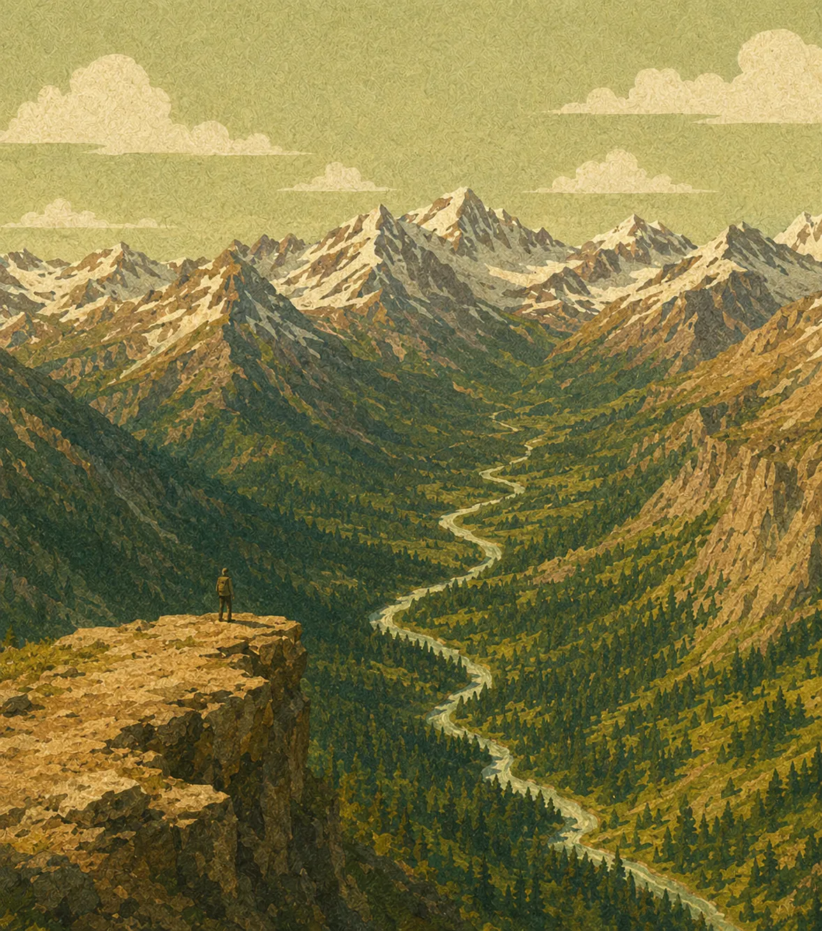 Watercolor mountain-pass illustration in earth tones — Kevin's editorial-poster watercolor used in the about-hero-image-right example. Receding Colorado ridges, foreground pine forest, golden valley light.