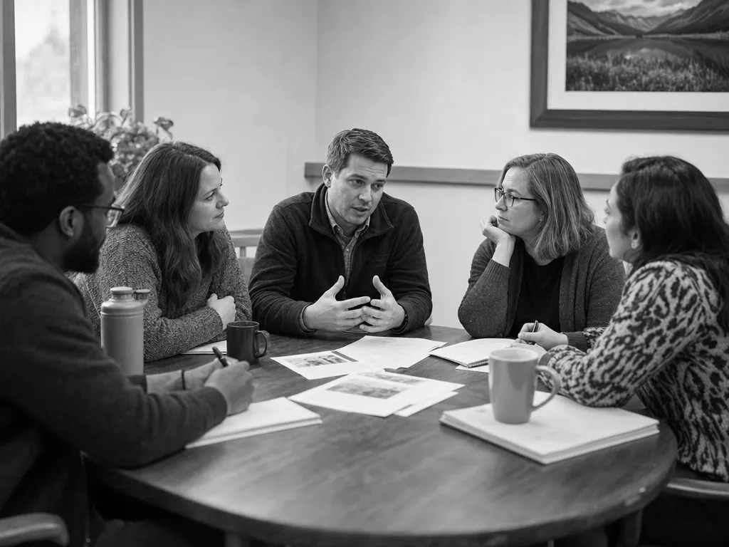 Black-and-white documentary photograph — Colorado community leaders and care providers around a table reviewing documents, mid-conversation. Accompanies the System Accountability member quote.