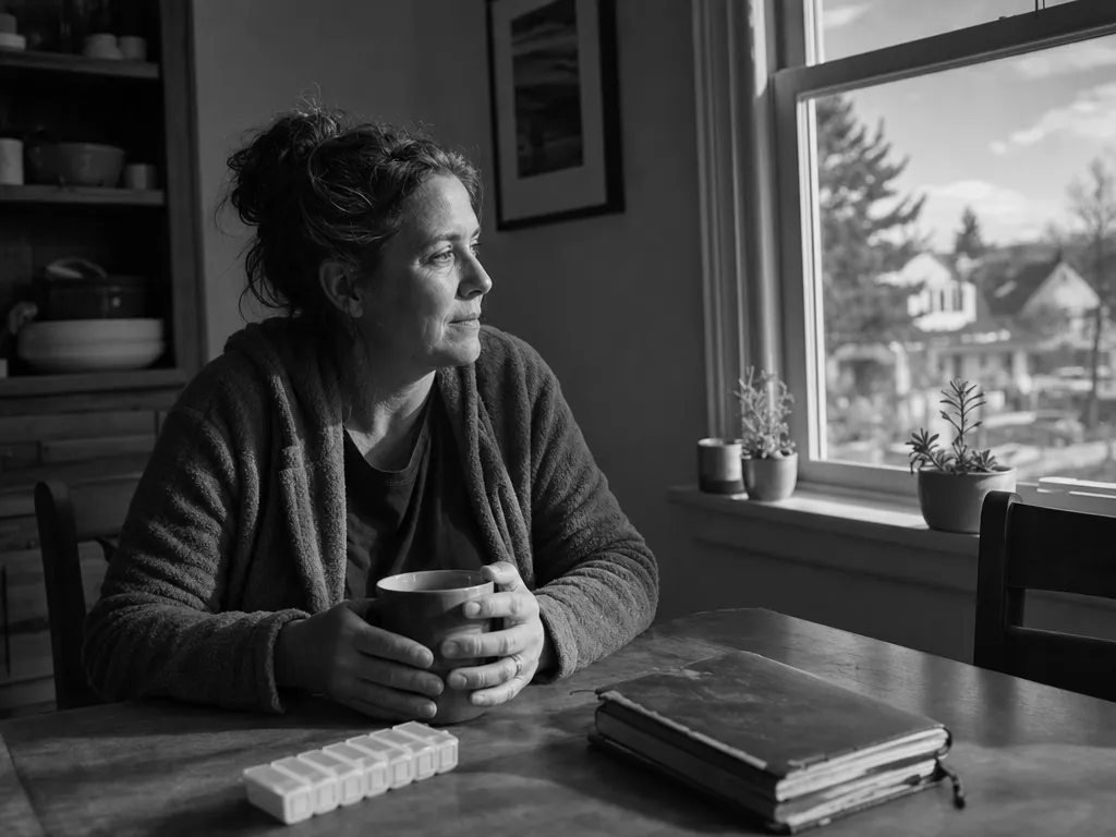 Black-and-white documentary photograph — a Coloradan at her kitchen table in morning light, coffee mug, pill organizer and notebook nearby, her neighborhood through the window. A whole person in her own context. Accompanies the Integrated Care member quote.